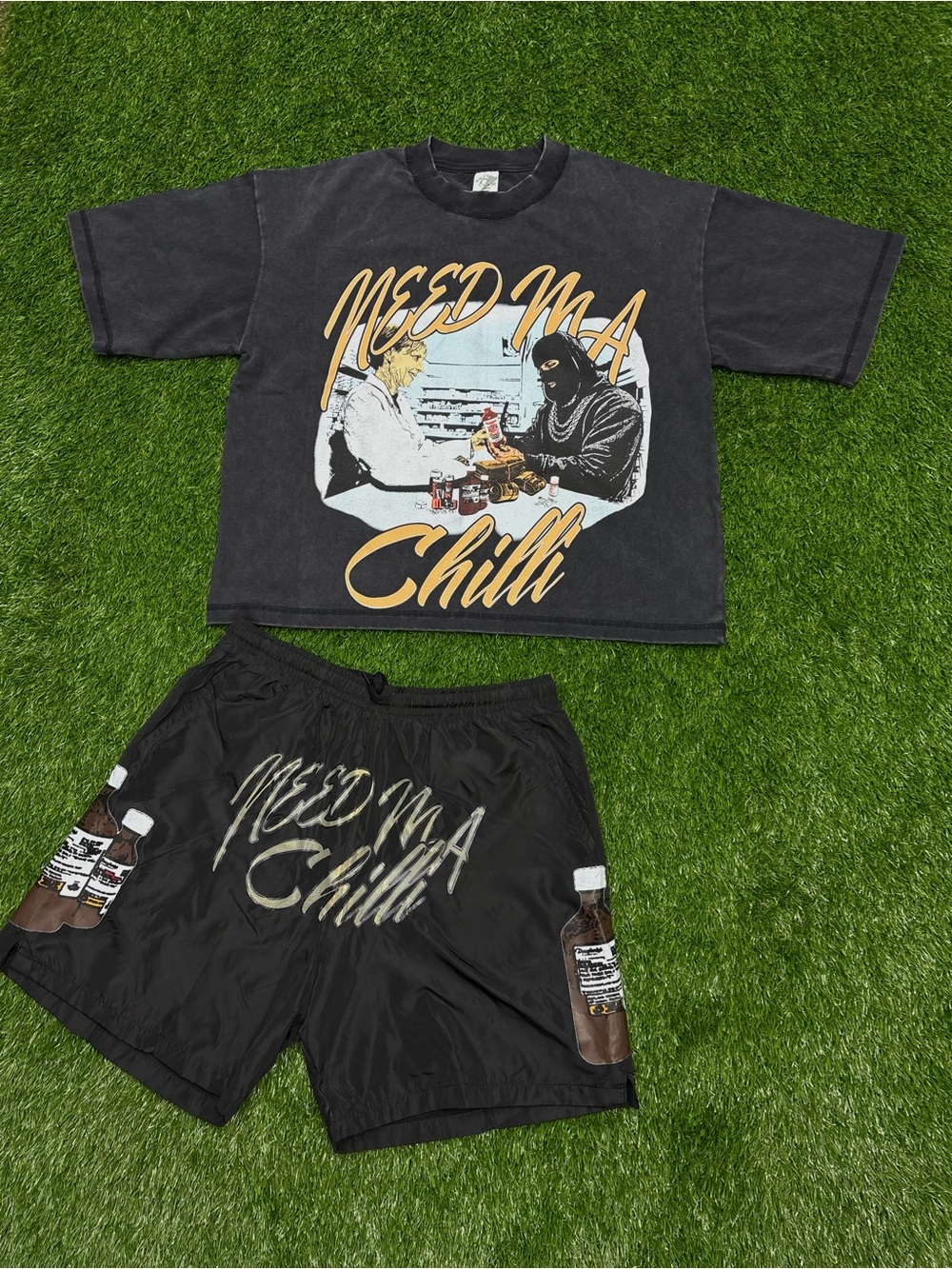 Need Ma Chilli brand Graphic Tee & Shorts Set - Black & Gold Script
